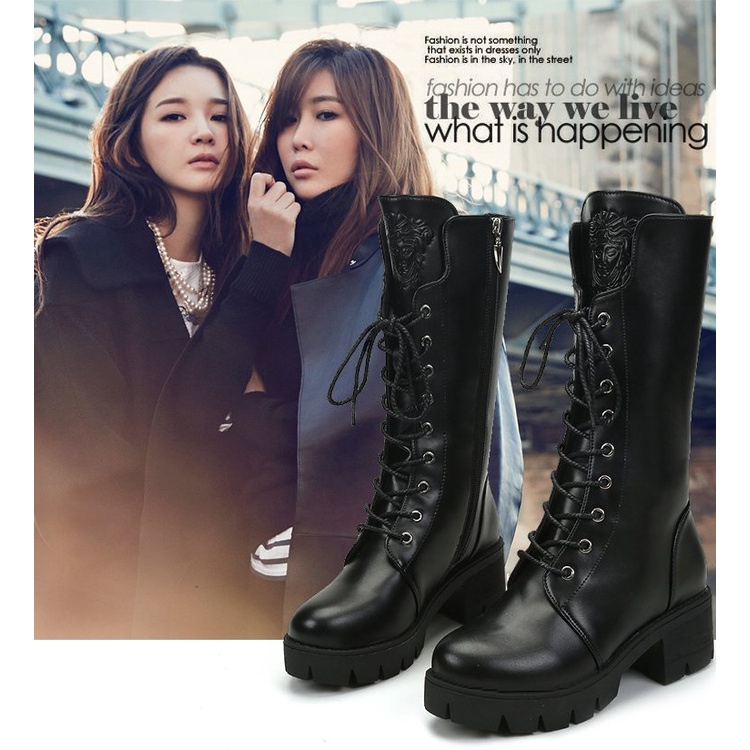 Women s Fashion Mid calf Boots Cool Black High heeled Motorcycle Boots with Zipper 35 41 add1size Shopee Philippines