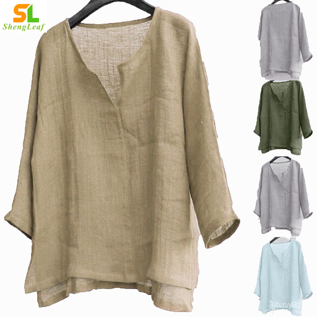 (COD) M-4XL Men khaki shirt cotton and linen shirt blouse | Shopee ...