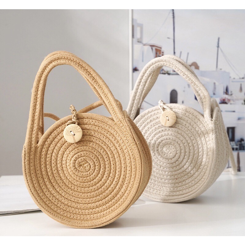 New Round Women S Shoulder Bag Cotton Rope Woven Handbag Bohemian Straw