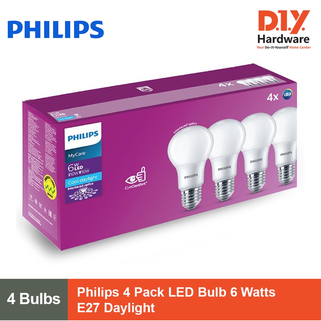 Philips 4 Pack LED Bulb 6 Watts E27 Daylight | Shopee Philippines