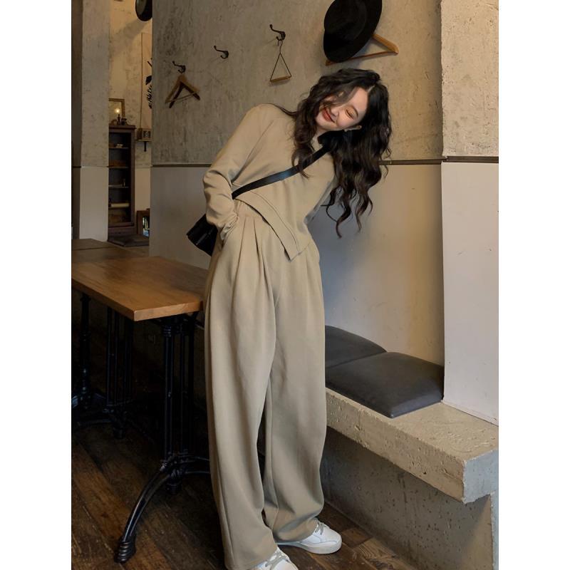 Spring Fashion Two-piece Set Women's Sexy Solid Round Neck Suspender Shirt  Wide Leg Pants Commute Elegant Two-piece Set Women - Pant Sets - AliExpress
