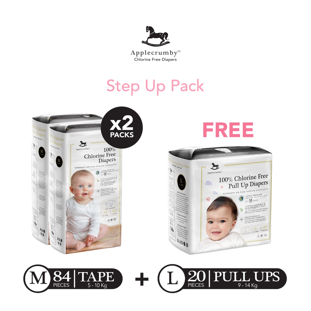 Applecrumby Chlorinefree Baby Diapers 2x Medium Tape + Free Large Pull