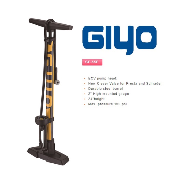 Giyo GF55E Bicycle Steel Floor Pump w/ Pressure Gauge and Clever Valve