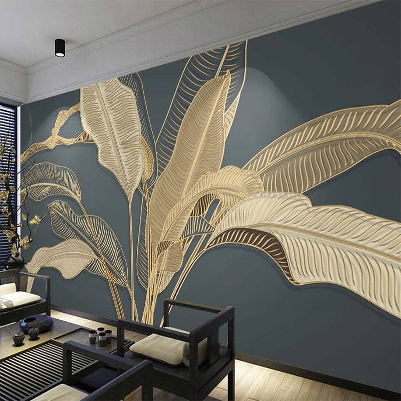 Custom Wallpaper Modern Tropical Plants Banana Leaf Gold Line 3D Relief ...