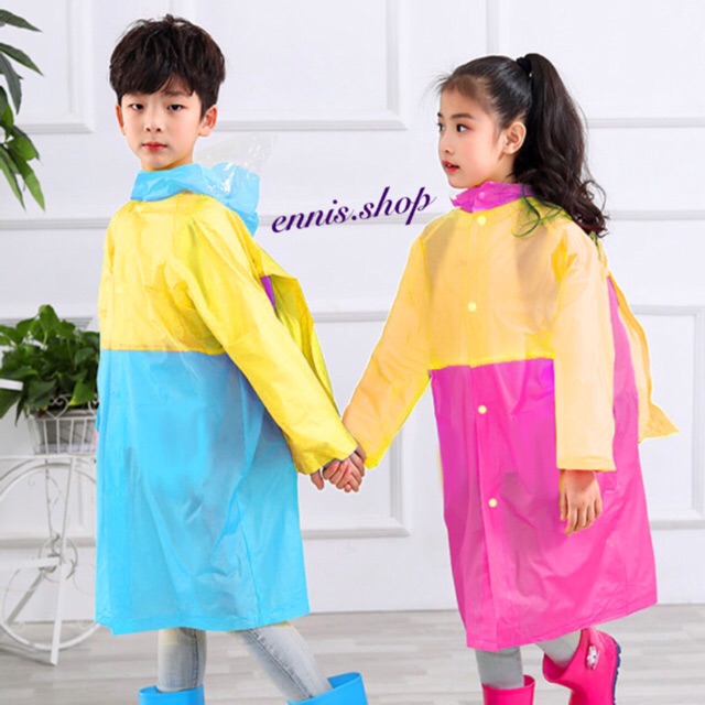 168 Two color waterproof kids long raincoat kapote with buttons and bag space waterproof