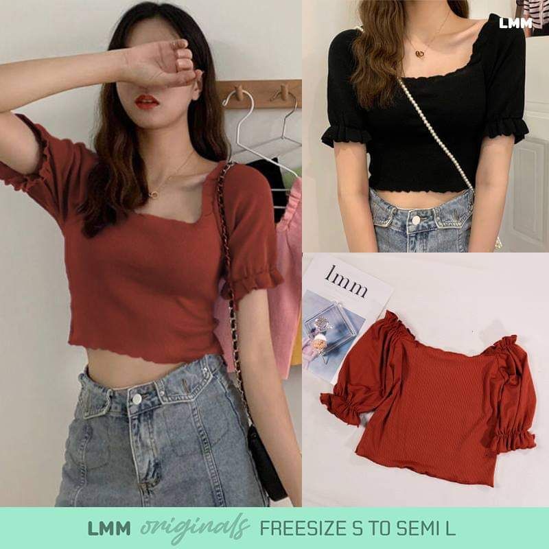 ruffled sleeve puff sleeves square neck lettuce crop top knitted tops ...