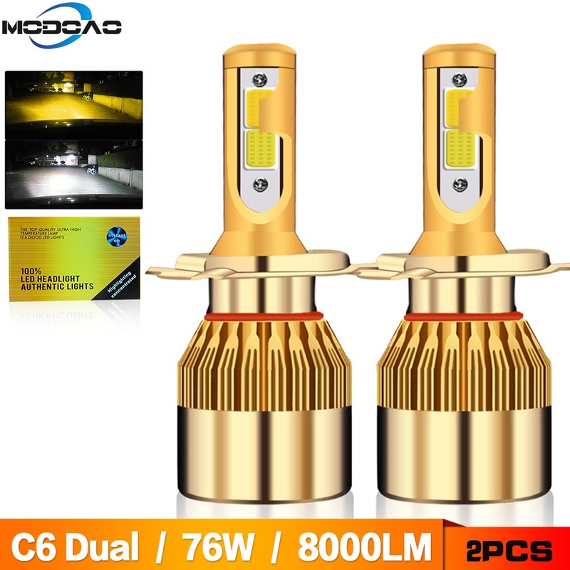 2Pcs C6 LED Headlights Dual Bulbs Gold Conversion Kit H4 HiLo Light