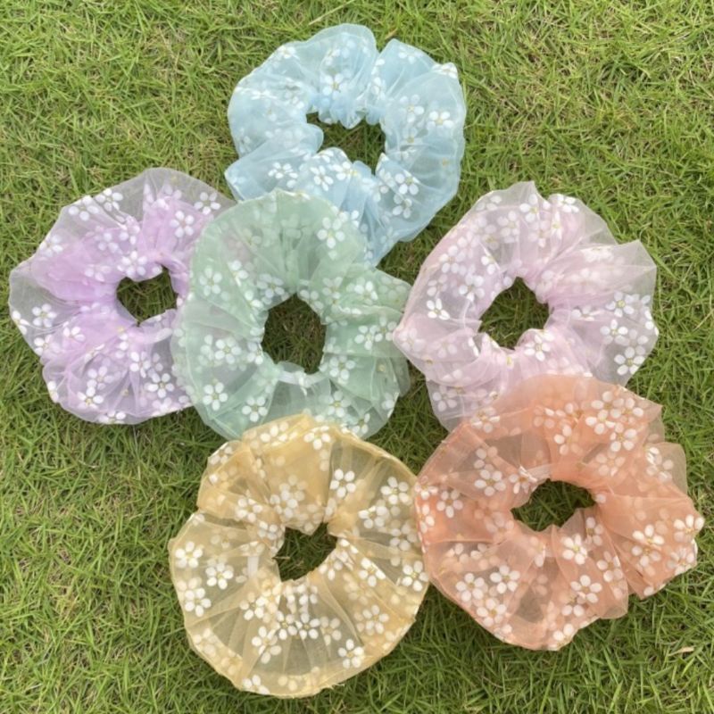 [Flower] Scrunchie Korean drawstring hair tie with chiffon motif ...