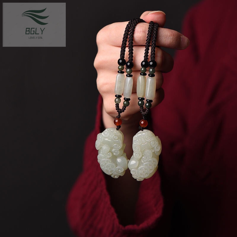 BGLY Natural White Jade Pixiu Pendant Leather/Bead Chain For Men/Women ...