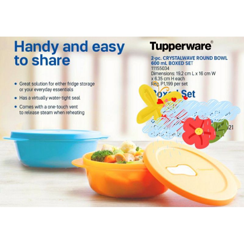 2-PC Tupperware Food Container Crystalwave Round Bowl 600ml each ...