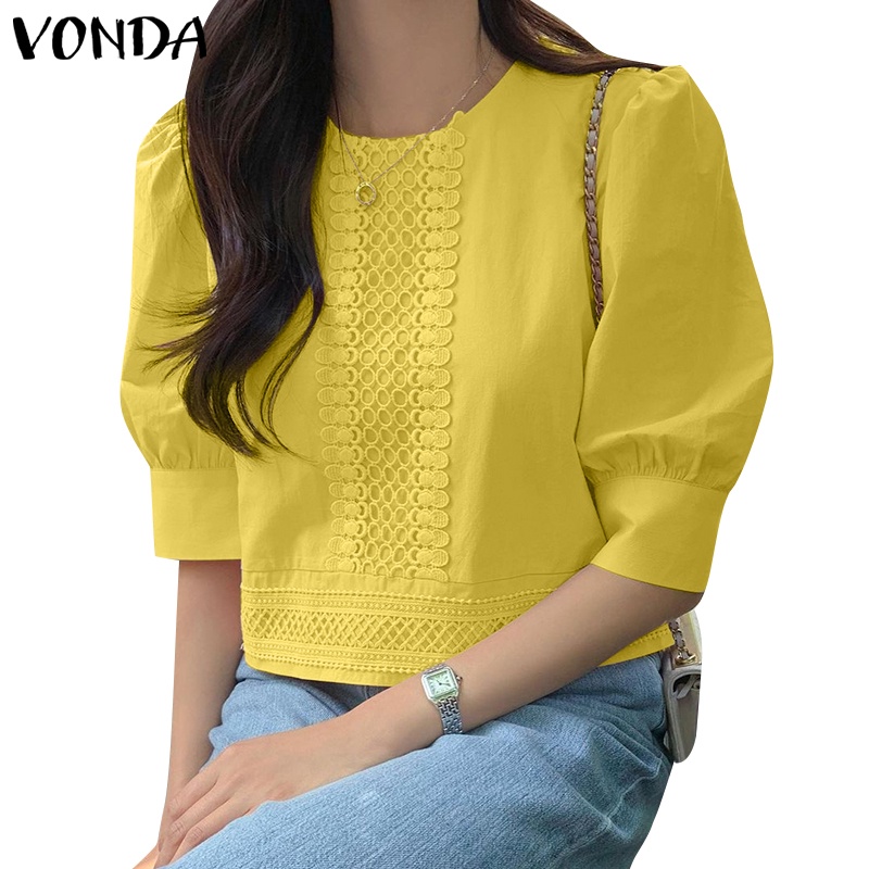 Vonda Women Korean Half Sleeve O Neck Casual Baggy Pleated Blouse