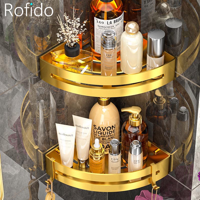 ⊕Shelves On Wall Gold Bathroom Corner Shelf With Hooks Shower Caddy Organizers Bath Tripod