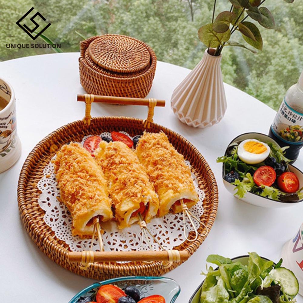 Handwoven Rattan Storage Tray With Wooden Handle Round Wicker Basket