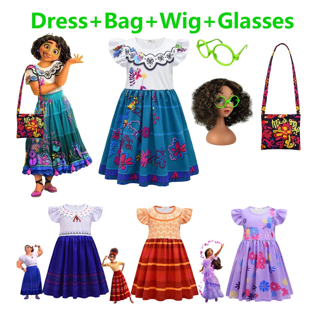 4pcs Set Encanto Costume Disney Dress for Kids Girl Cut Printed Mirabel