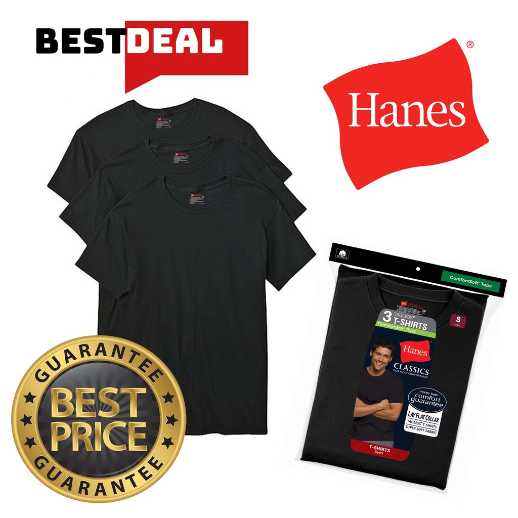 Hanes Classics Crew Neck Black T Shirts 3 pcs Pack