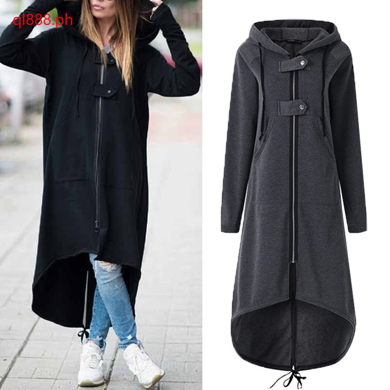Long Coat Women Hooded Long Sleeve Zip up Asymmetric Hem Long Hoodie Coat Jacket Shopee Philippines