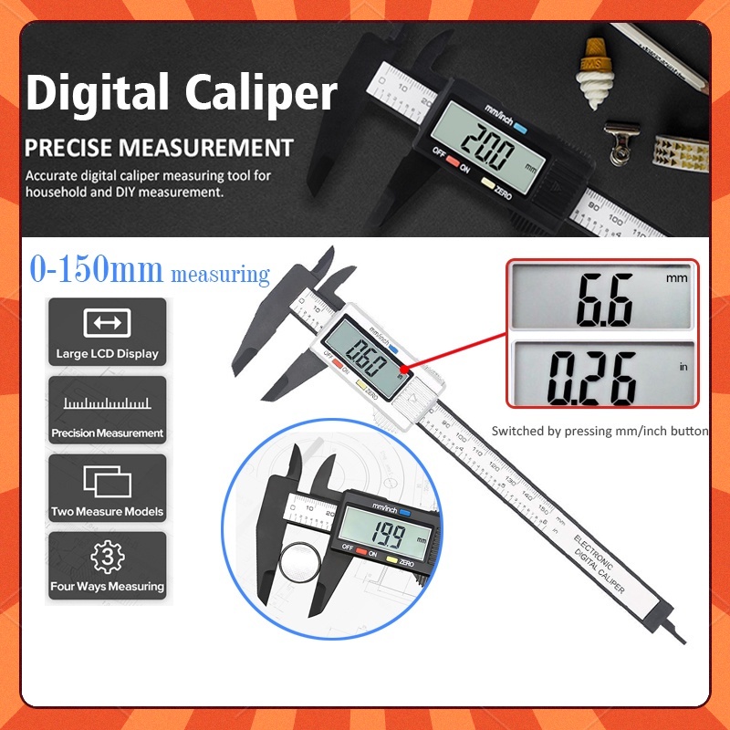 Digital Calipers 150 mm 6 inch LCD Electronic Vernier Caliper Carbon