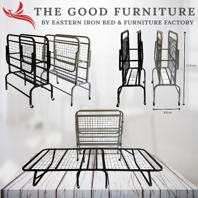 Metal foldable bed frame. Single size folding bed. Roll away foldup bed