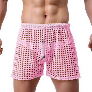 Men Sexy Boxer Trunks See-through Lounge Wear Drawstring Shorts