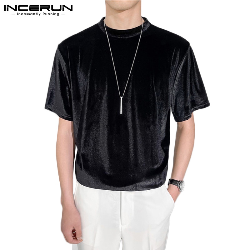 INCERUN Men Casual Short Sleeved Round Neck Solid Color Loose Velvet ...