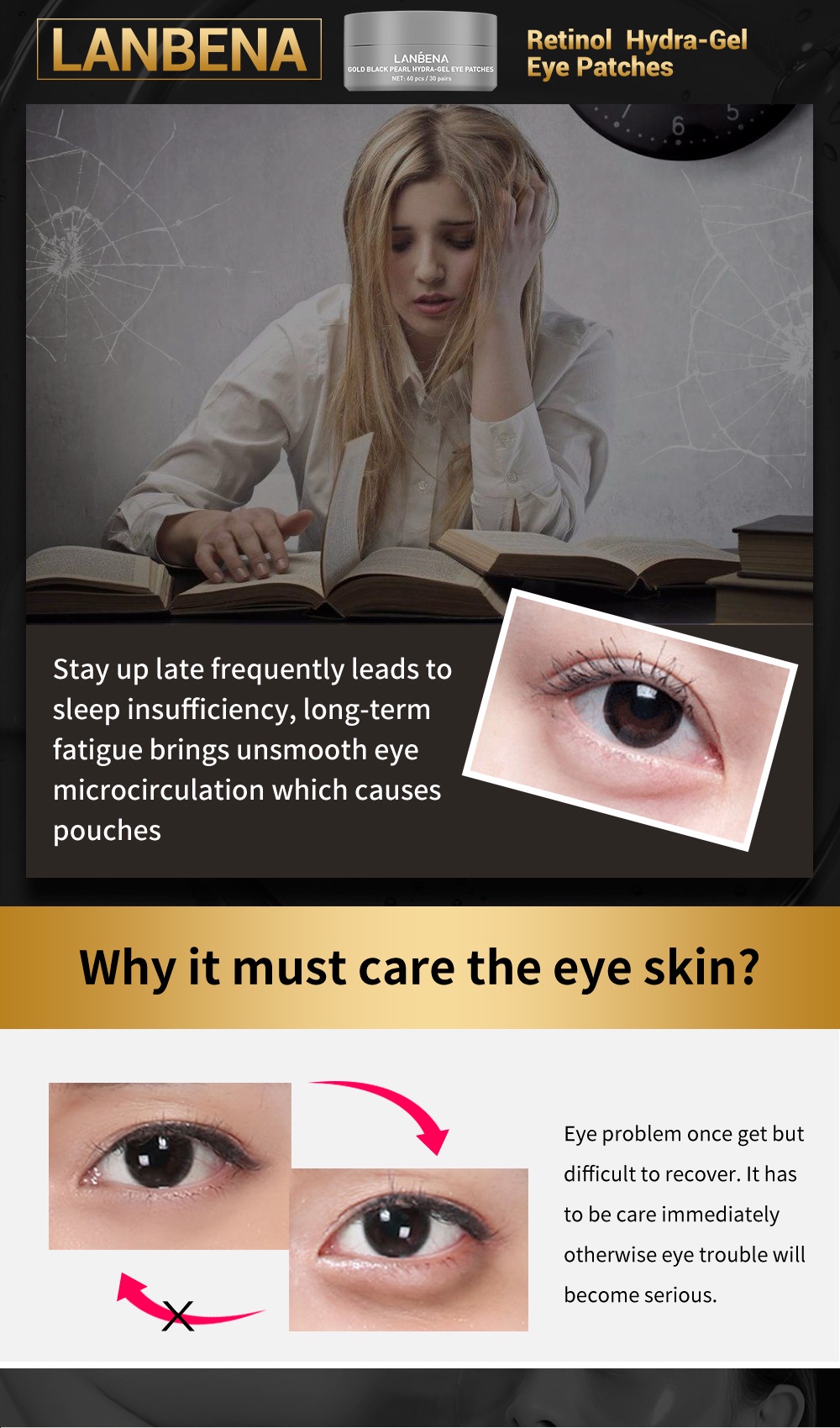 LANBENA Eye Mask Gold Black Pearl Collagen Antiaging Remove Eye Bag