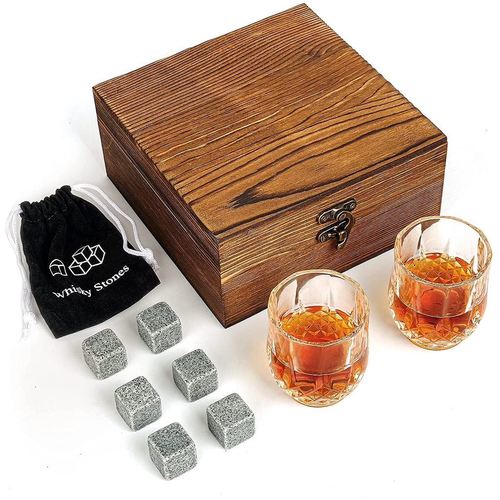 Whiskey Stone T Set 6 Granite Whisky Rocks With 2 Small Glasses