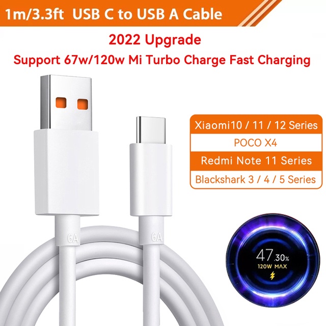 Xiaomi Usb Type C 6A Cable 27W 33W 55W 67W 120w 6a Mi Turbo Fast Charger  Xiaomi 12 Ultra 11 Lite 10 Redmi Note 11 Black Shark Poco X4