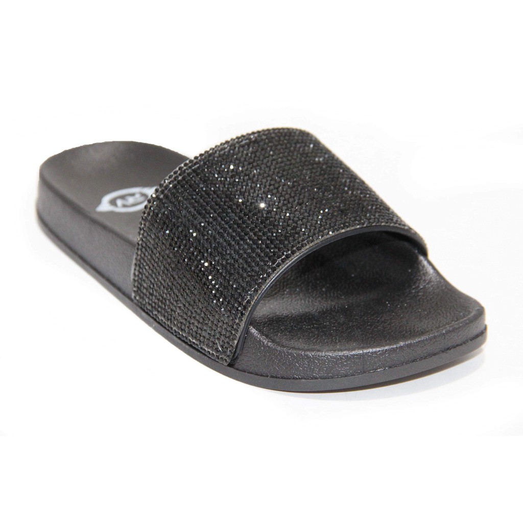 ( ALL BLACK ) Black Sole Black Rhinestone Slides | Shopee Philippines