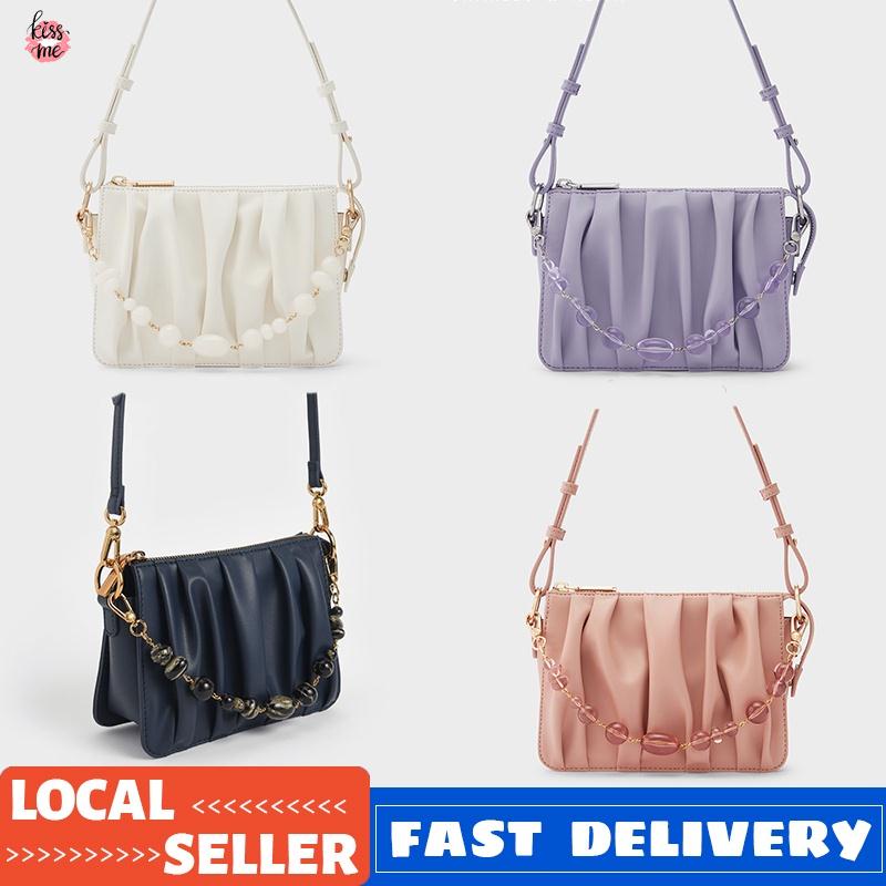 MY1 CNK Beaded Strap Ruched Shoulder Bag Top zip Single handle sling