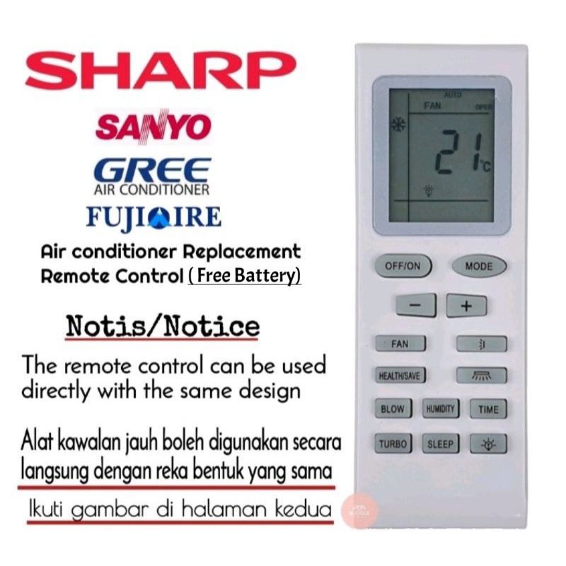 Sharp/Gree/fujiaire/SANYO air cond air conditioner OEM replacement remote control OFB Shopee