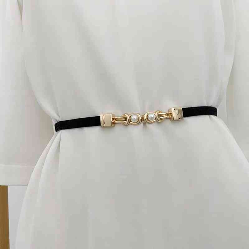 Dress Gold Belt For Ladies Elegant Double Pearls Buckle Elastic