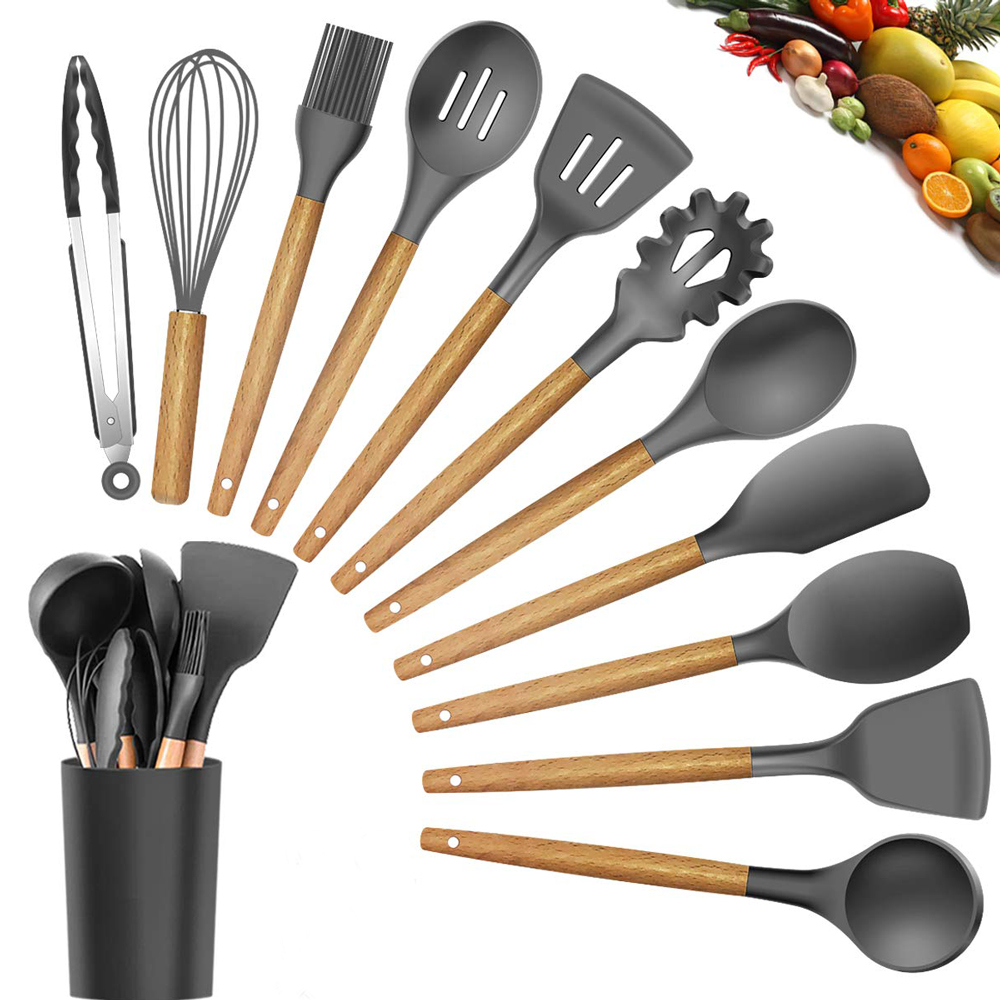 Silicone Kitchen Utensils Set Wood Handle Kitchen Cookware Spatula ...