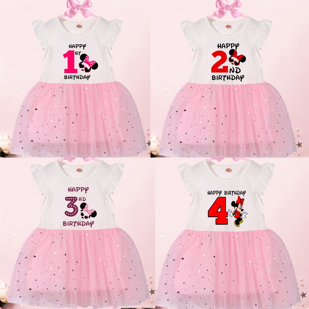 1-4th Mickey and Minnie Mouse Birthday Pink Dress for 1-5Y Baby Girl ...