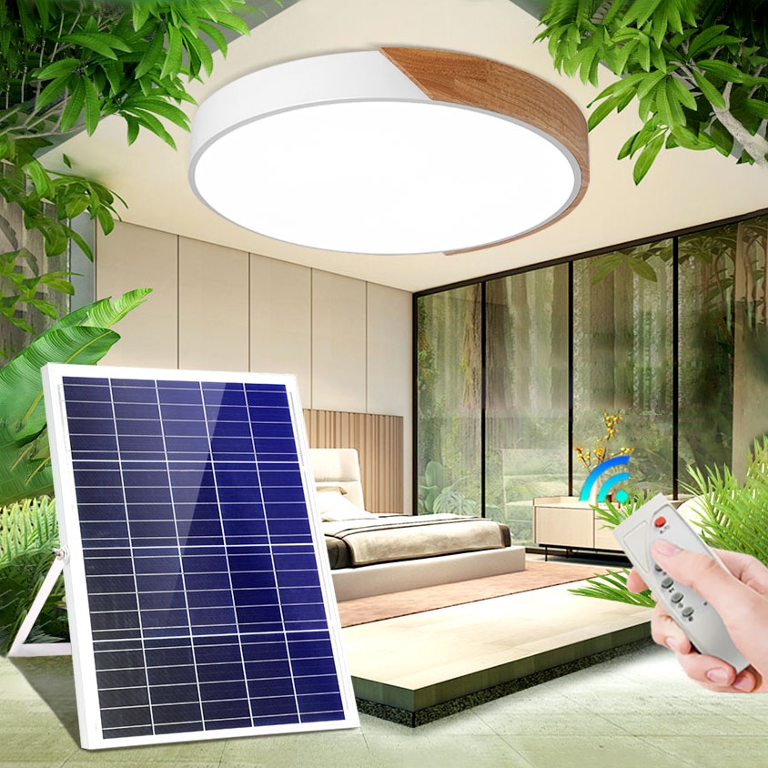 Solar LED Ceiling lamp Ultra-thin Light Wooden Chandelier Remote ...