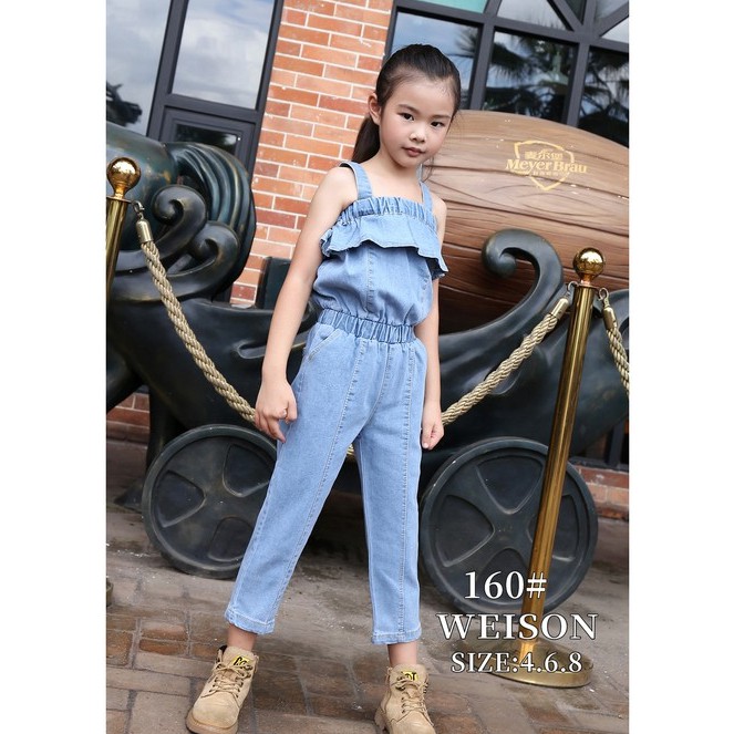 VIVENA Summer Kid s Denim Jumper Pants Child Sleeveless Ruffled Maong Jumpsuit w pocket 160 Shopee Philippines