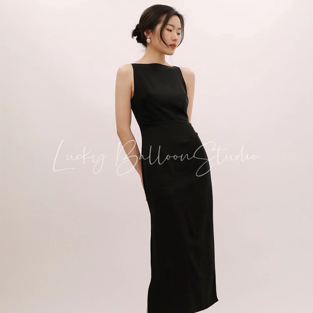 Elegant Slimming Pleated Solid Color Temperament Slit Midi Dress main image 0