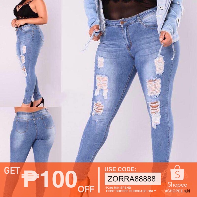 Brezy-94 Plus size tattered and plain pants high wais skinny denim ...