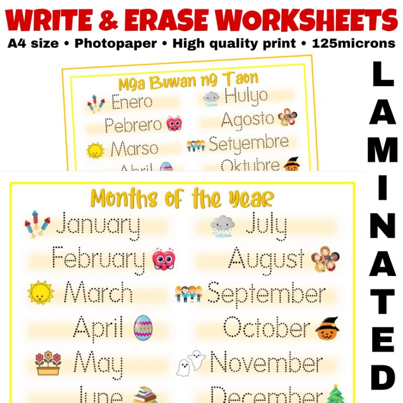 Months of the year WRITE & ERASE A4 size LAMINATED | Shopee Philippines