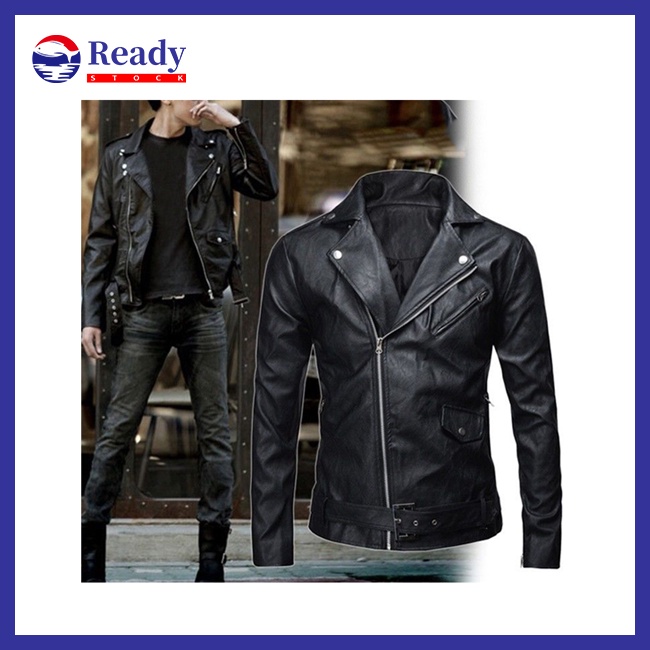 LY【COD】Men Leather Jacket Slim Fit Motorcycle Jacket Zipper Casual Coat