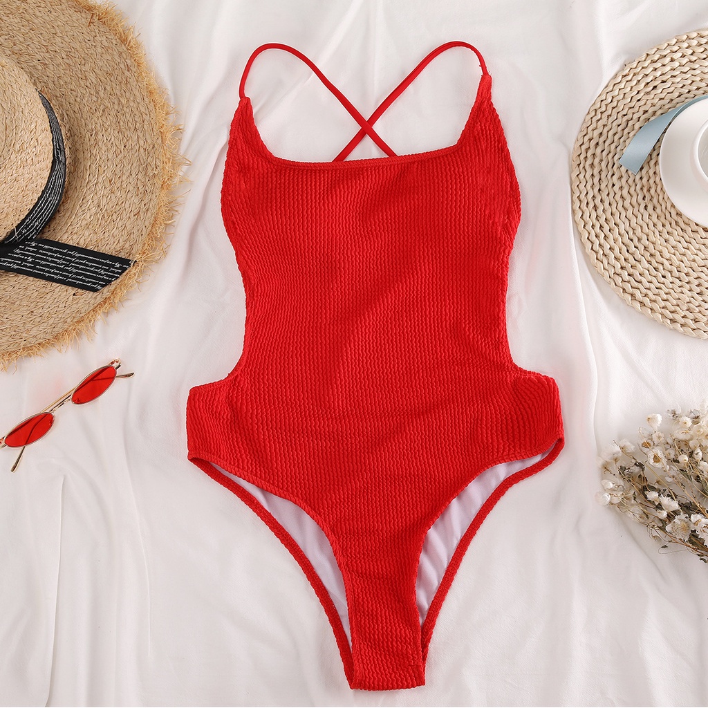 Sexy One Piece Swimsuit Women Solid Red High Cut Backless Bodysuit ...