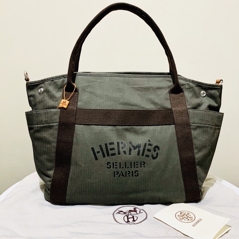 SD COD Hermes Fourre Tout Du Cavalier Canvas Tote Bag with Pouch and Sing  Cream TOP-GRADE