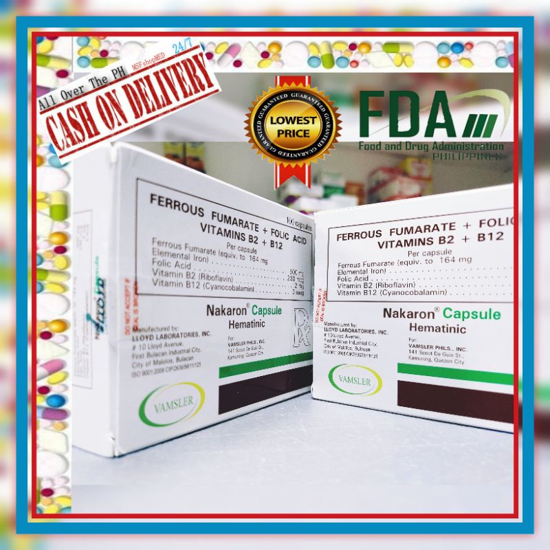 FERROUS FUMARATE + FOLIC ACID VITAMINS NAKARON + B12 100 Caps. Shopee