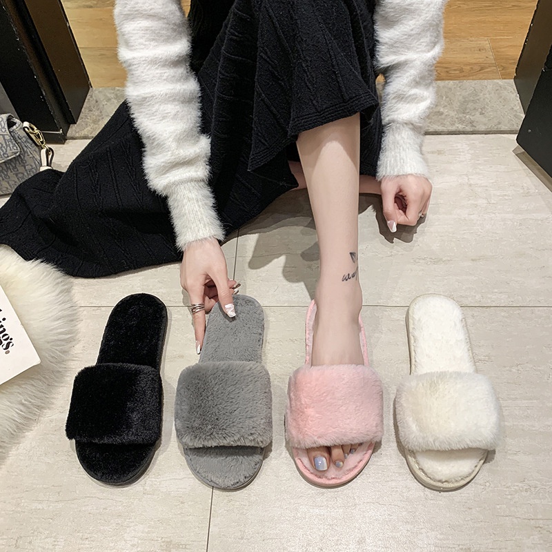 Sewing Shoes Pumps Rabbit Fur Slippers Plush Indoor slides | Shopee ...