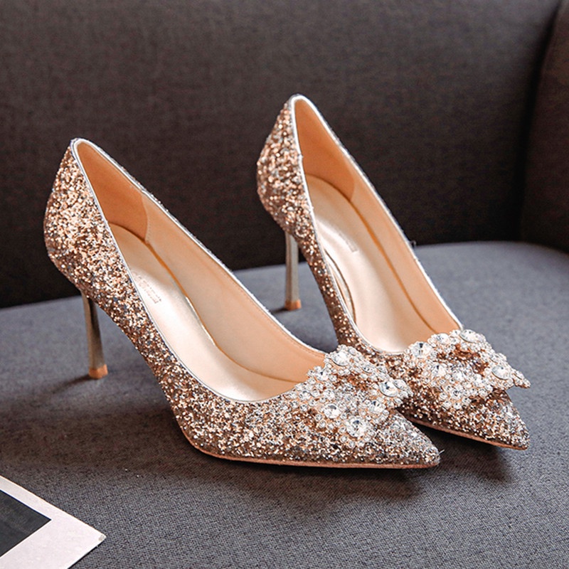 MAY Wedding Shoes Sequined High Heels Champagne Gold Rhinestone Crystal Shoes Fashion Women Shoes Shopee Philippines