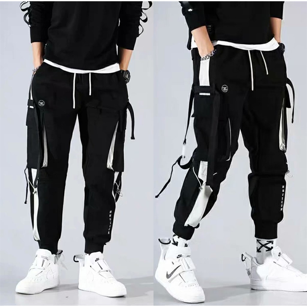 Size S-5XL Multi-pocket Splice Ribbon Cargo Pants Men Loose Elastic  waistband Korean Jogging pants