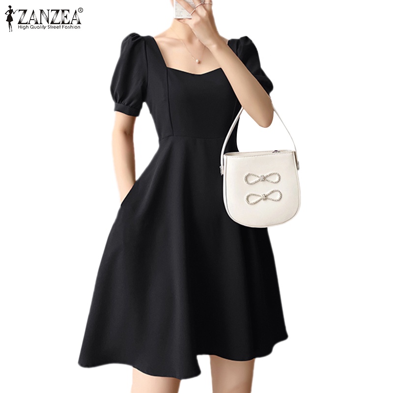 Zanzea Women Solid Color Summer Puff Sleeve Side Zipper Holiday Korean