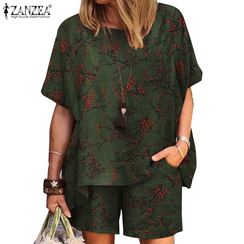 ZANZEA Womens Vintage Floral Short Sleeve Blouse+ Shorts Pants Sets ...