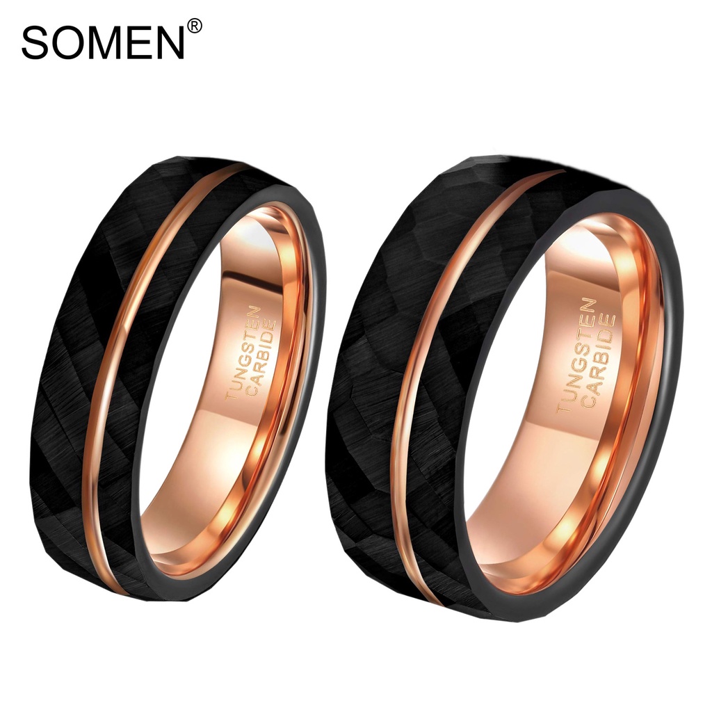 SOMEN 6mm 8mm Black Tungsten Rings for Men Women 24K Rose Gold Line Faceted  Fashion Wedding Bands Comfort Fit Size 5-14