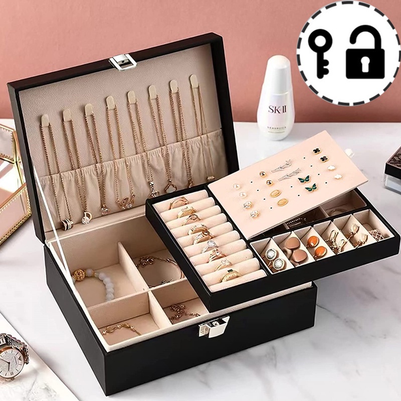 2 layers Pu Leather Jewelry Box Chest Storage With Lock Organizer For ...