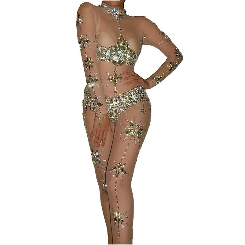 Sparkly Rhinestone Mesh Stretch Jumpsuit Long Sleeve Crystal ...